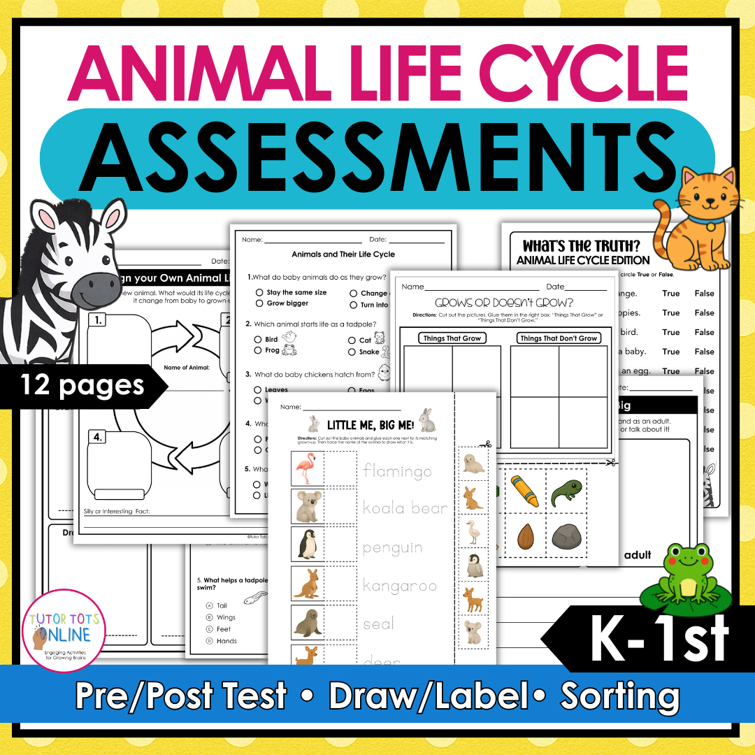 Animal Life Cycle Assessment Pack | Science, Fine Motor & Handwriting (PreKā1st)