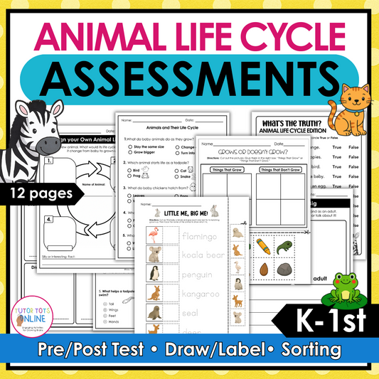 Animal Life Cycle Assessment Pack | Science, Fine Motor & Handwriting (PreK–1st)